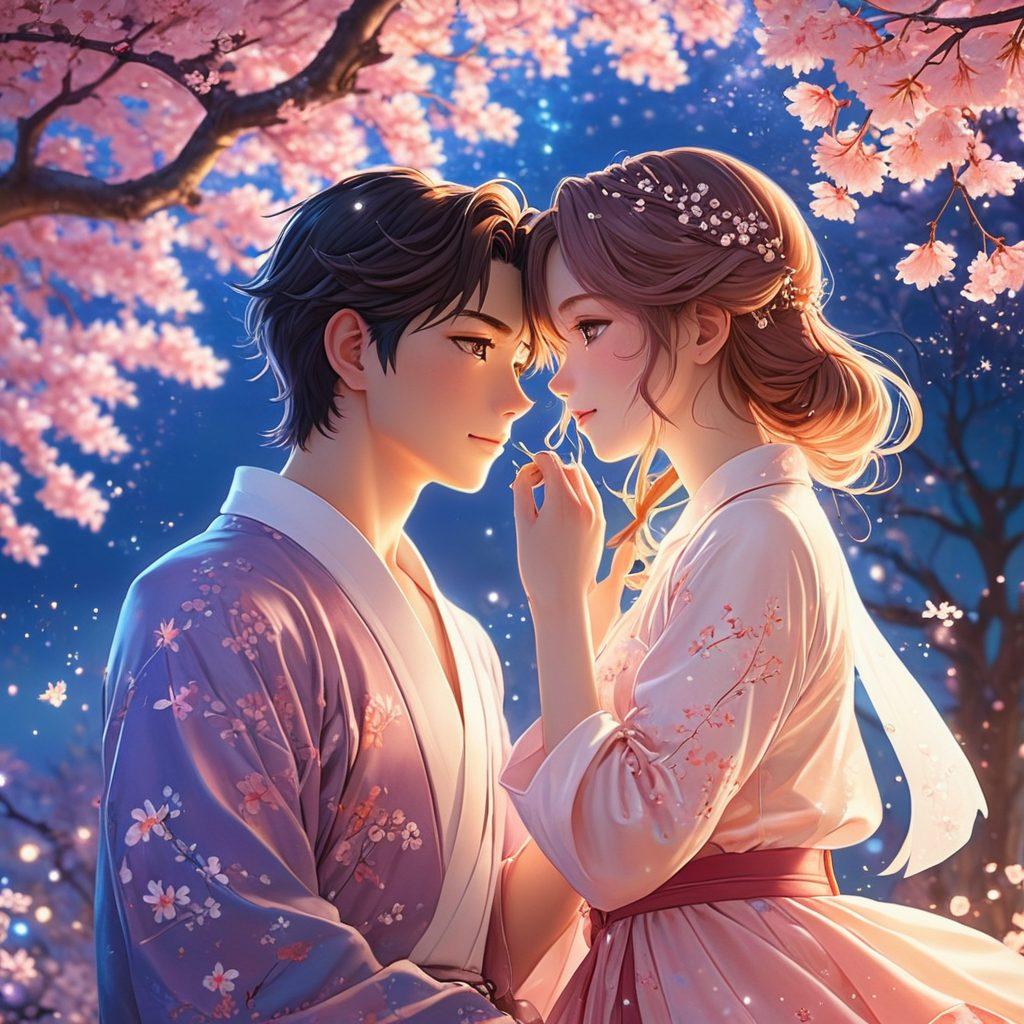 A captivating and imaginative scene depicting two stylish anime characters in an intimate moment, surrounded by a whimsical, dreamlike background with soft pastel colors and glowing starry elements. The characters should exude a sense of allure and confidence, their expressions playful yet sensual. Make sure to include ethereal lighting to enhance the mood, with subtle hints of fantasy elements like cherry blossoms and abstract patterns. anime style. vibrant colors. soft focus.