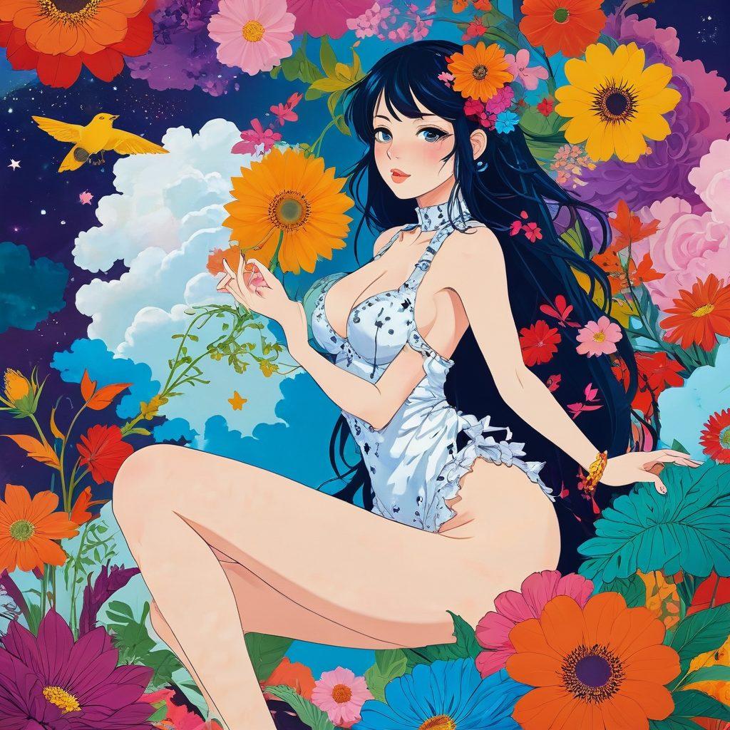 A vibrant and eclectic collage featuring characters from adult animation and manga exploring various kinks and fetishes, adorned with colorful accessories, playful settings, and expressive poses. Include a whimsical blend of fantasy elements, such as enchanting backgrounds, exaggerated features, and surreal motifs that convey diversity and creativity. The overall tone should be fun, inviting, and slightly provocative. colorful illustration. dynamic composition. high detail.